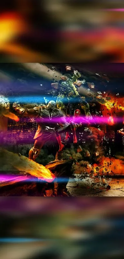 An epic fantasy battle scene with vibrant orange and purple colors.