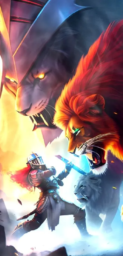 Epic fantasy battle wallpaper with warrior and mystical lions.