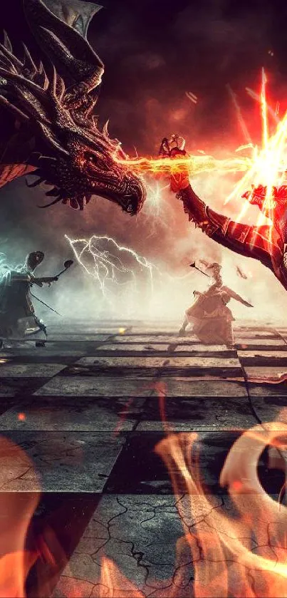 Epic fantasy battle between dragons and warriors on a chessboard.