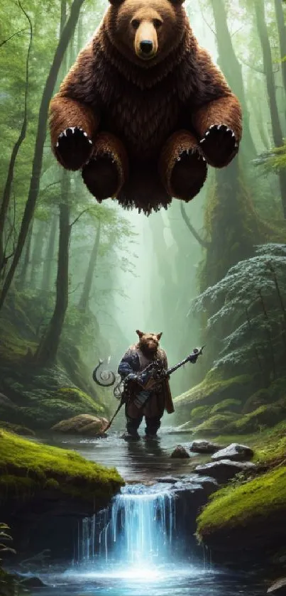 Fantasy bear suspended in lush forest with stream flowing.