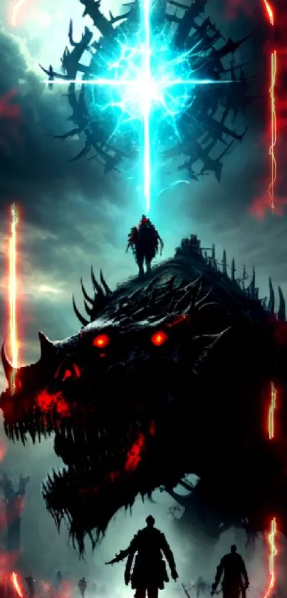 Epic fantasy scene with glowing symbol and beast silhouette.