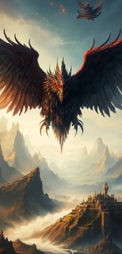 Epic fantasy bird soaring over mystical landscape in mobile wallpaper.