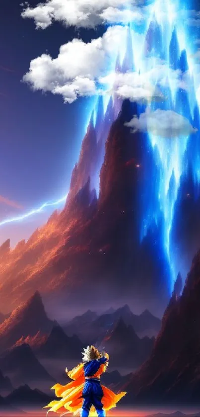 Epic fantasy wallpaper with blue lightning mountain.