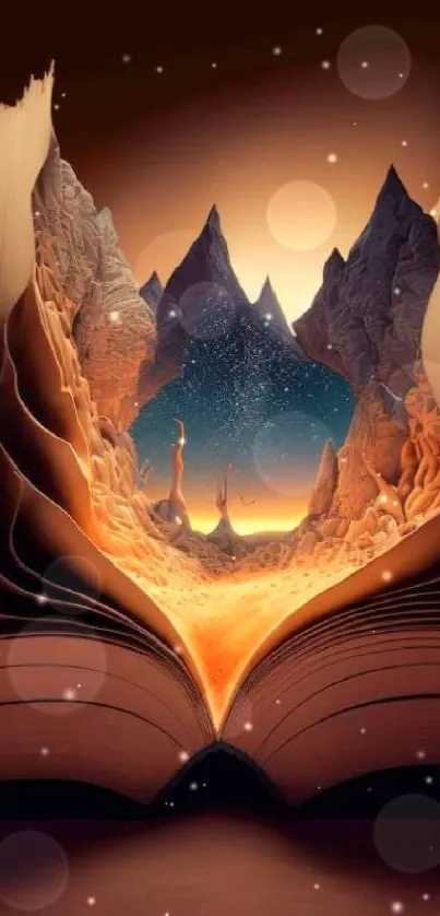 Magical landscape unfolding from open book, fantasy wallpaper.