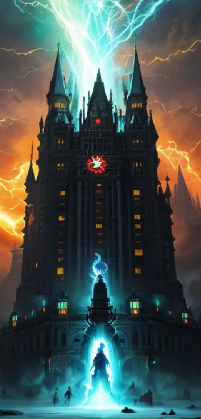 Epic fantasy castle with lightning and mystical ambiance.