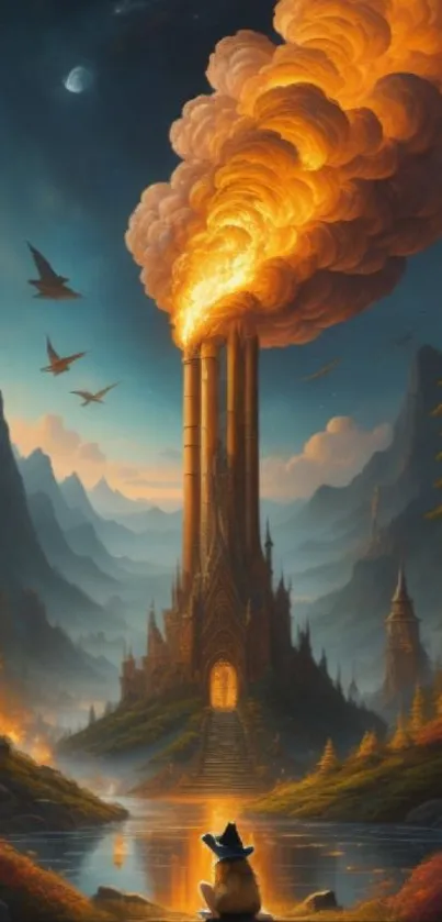 Fantasy castle with glowing towers and a mystic landscape.