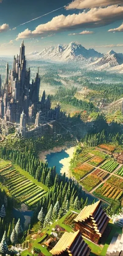 Epic fantasy castle landscape with mountains and greenery.