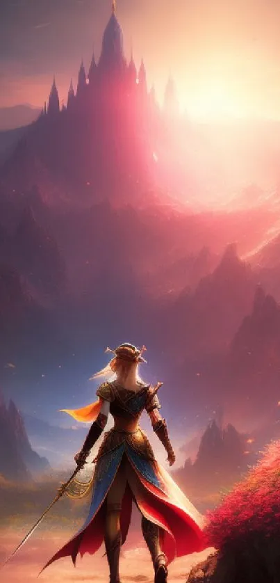 Epic fantasy artwork of a hero facing a majestic castle at sunset.