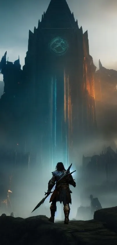 Epic fantasy castle scene with warrior silhouette.