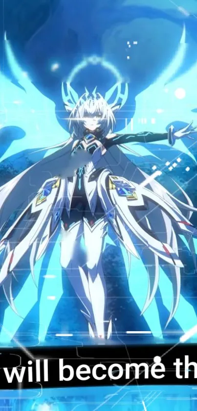 Epic fantasy character with wings in a blue-themed anime wallpaper.