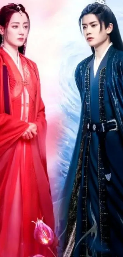 Fantasy characters in red and blue attire, adding elegance and drama to your screen.