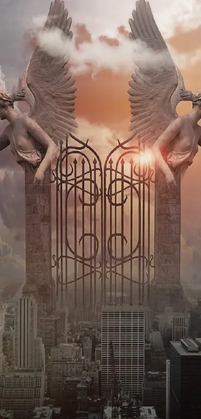 Fantasy city with fiery angels above skyline, dramatic sky.