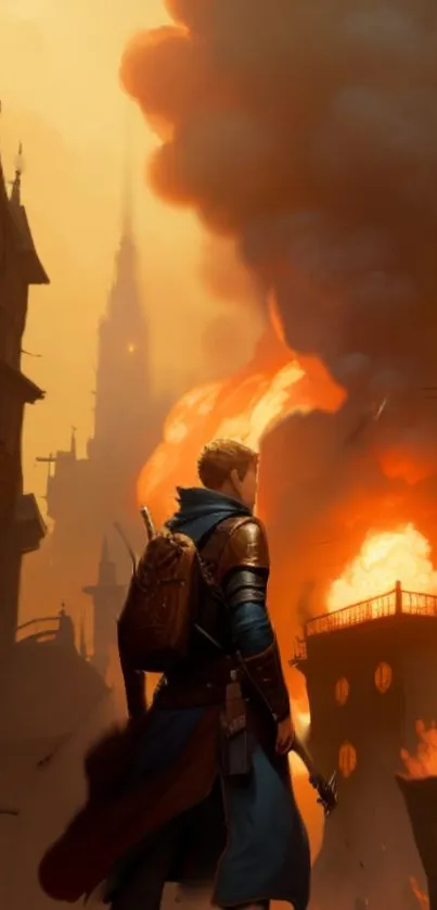 Fantasy cityscape with fiery sky and adventurer standing.