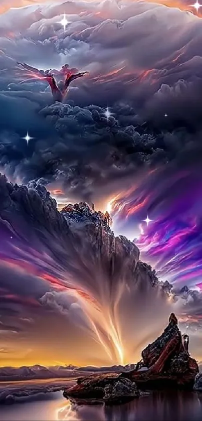 Epic fantasy cloudscape with vibrant colors and dramatic skies on mobile wallpaper.