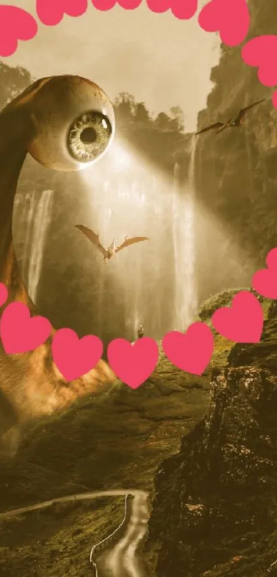 Fantasy creature surrounded by pink hearts with dragons flying in a waterfall landscape.