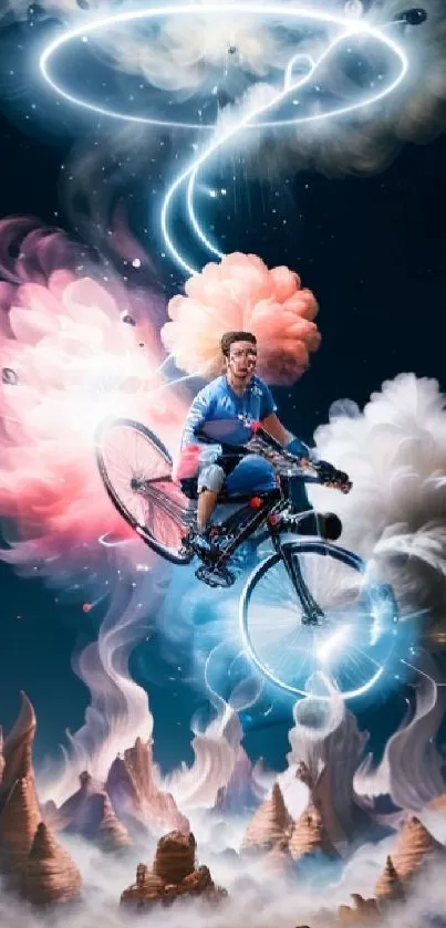 Fantasy cyclist journey through vibrant, swirling clouds.