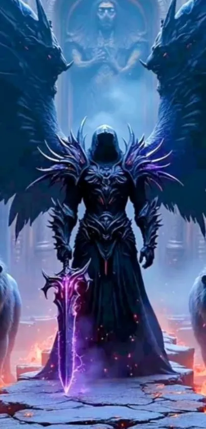 Dark angel with fiery sword in fantasy scene
