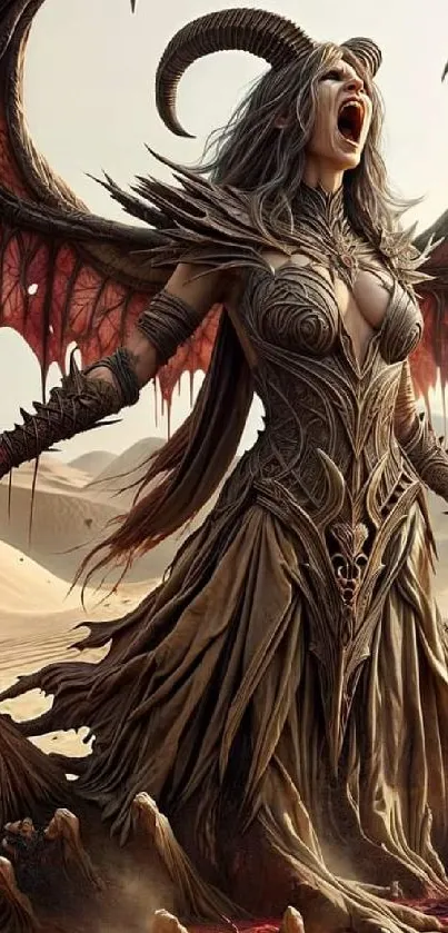 Demon fantasy art wallpaper with wings in desert landscape.