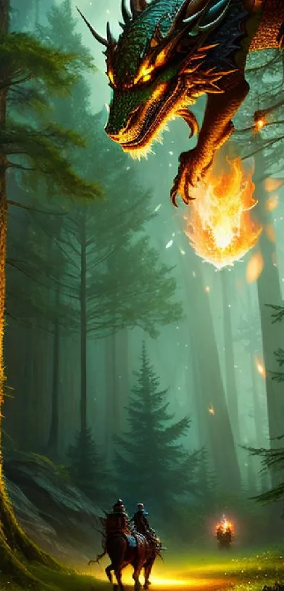 Fantasy dragon flying over forest with knights on pathway.