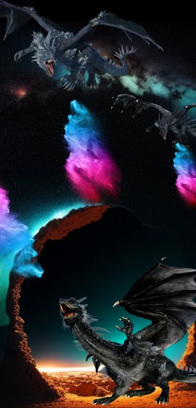 Epic dragons against a cosmic backdrop in vibrant colors.