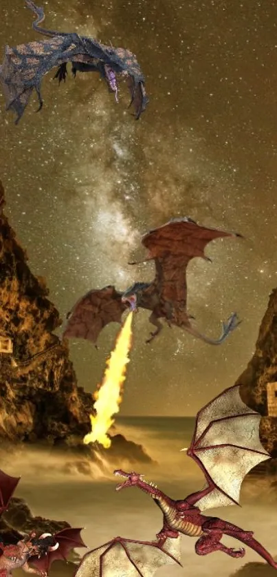 Dragons battling under a starry night sky in a canyon.