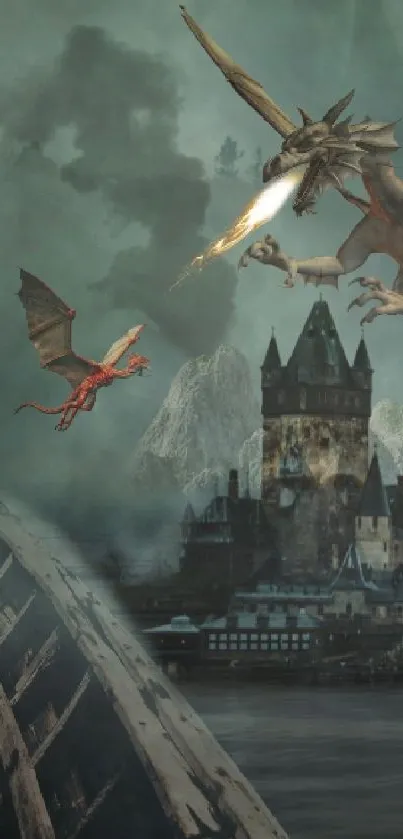 Warrior facing dragons over a mystical castle.