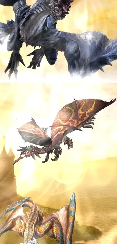 Epic fantasy dragon battle with golden light and castle in the background.
