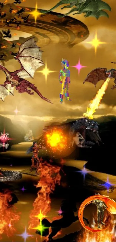 Epic dragon battle scene with fiery landscape and cloudy skies.