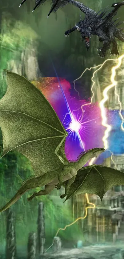 Epic dragon battle in a mystical green landscape with lightning.