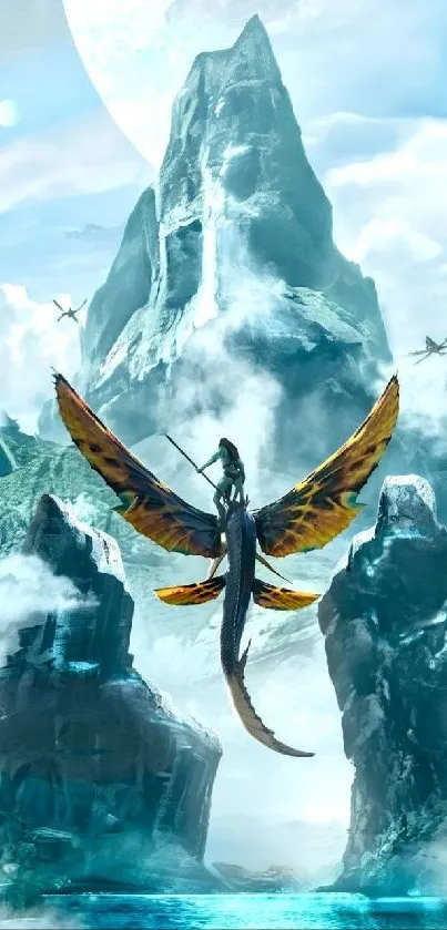 A dragon flying over cliffs with moonlit mountains.