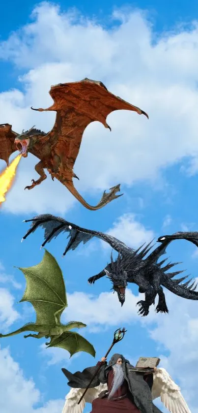 Fantasy dragons flying in a clear blue sky, capturing an epic mythical scene.