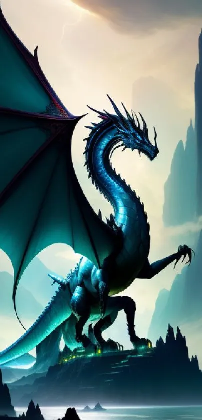 Majestic dragon in fantasy landscape with teal wings and mystical mountains.