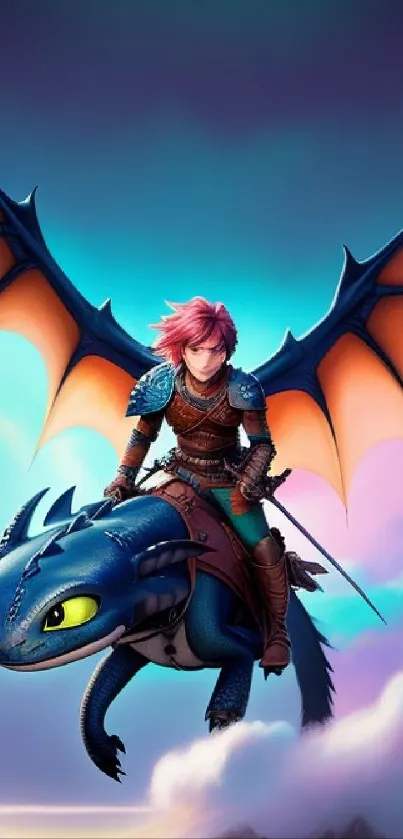 Fantasy warrior riding a dragon under a mystical sky.