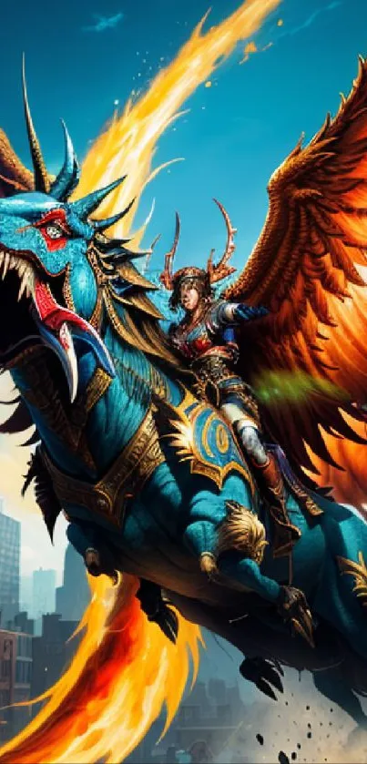 Fantasy dragon rider soaring over city in vibrant colors.