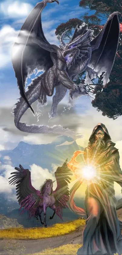 Epic fantasy scene with dragon, wizard, and Pegasus.