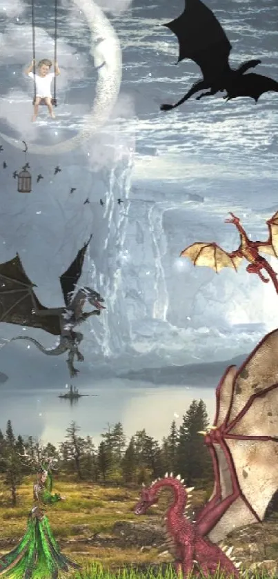 Epic fantasy scene with dragons over a lush landscape in a cavernous setting.