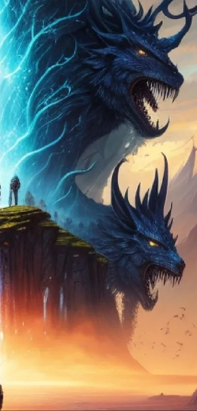 Epic fantasy wallpaper with blue dragon and vibrant colors.