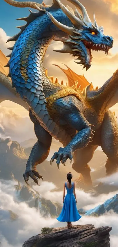 Epic scene with a blue dragon confronting a heroine on a mountain peak.