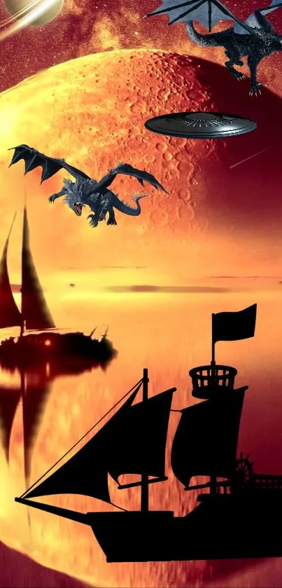 Epic fantasy scene with dragon and spaceship over orange moon.