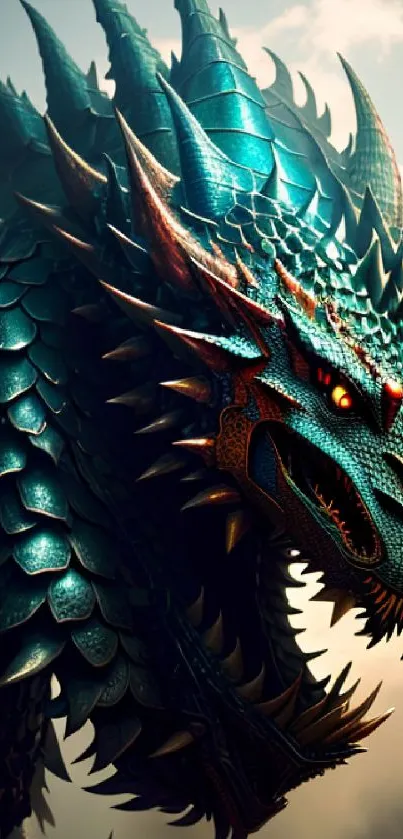 Epic fantasy dragon with turquoise scales against a mystical background.