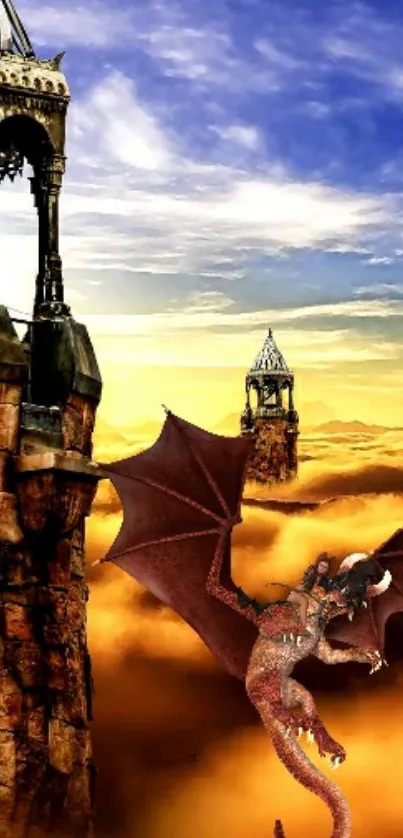 Fantasy dragon flying above clouds with ancient stone towers.