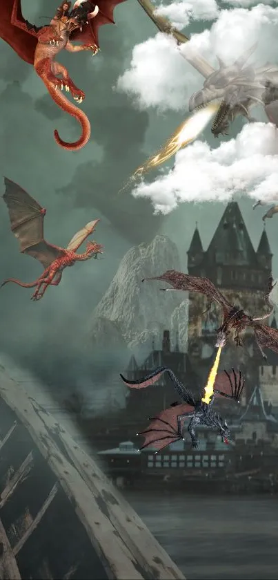 Fantasy scene with warrior and dragons near a castle.