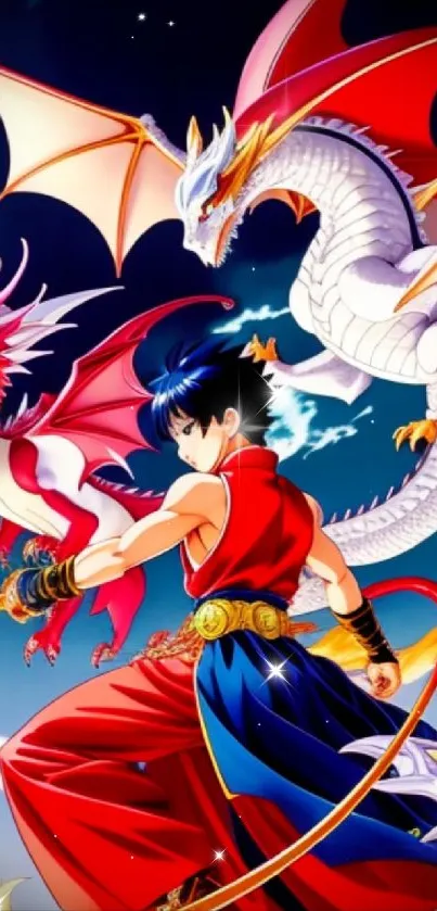Warrior with dragons in vibrant fantasy artwork.