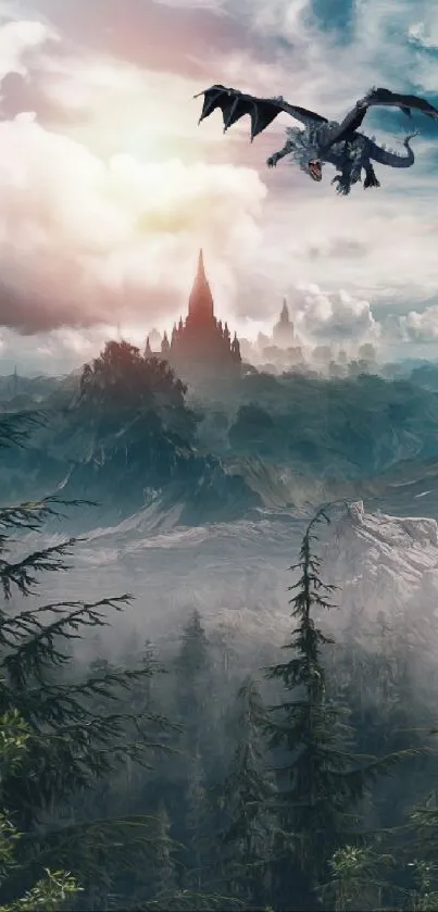 Majestic dragon flying over a fantasy landscape with a distant castle.