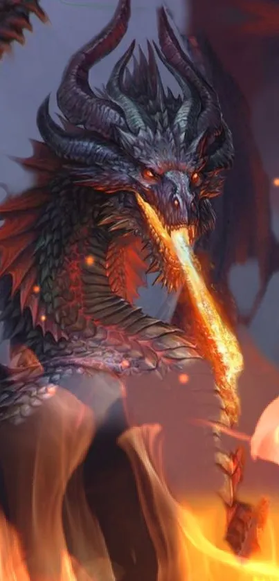 Fiery dragon breathing flames on a fantasy themed wallpaper.