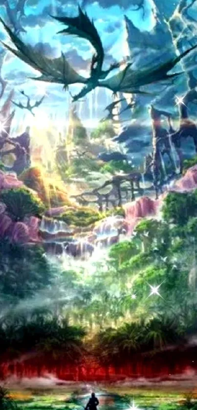 Epic dragon amidst mystical forest landscape.