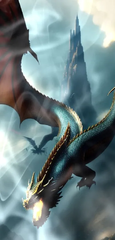 Majestic dragon soaring over misty mountains in an epic fantasy setting.