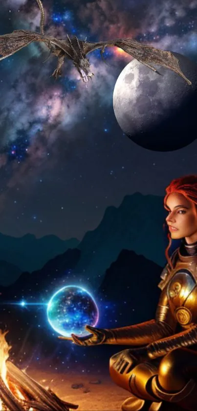 Mystical scene with a dragon and cosmic backdrop featuring a warrior woman.