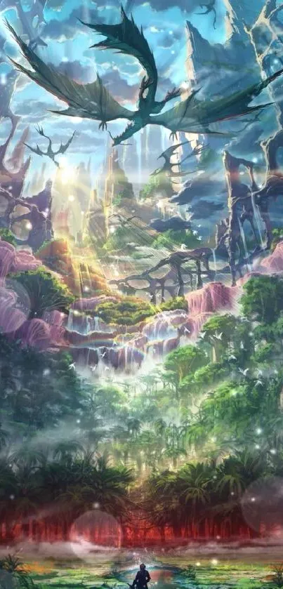 Epic fantasy scene with dragons flying over a lush landscape.