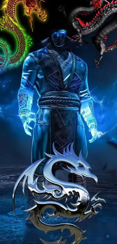 Blue dragon warrior with electric hues and mythical dragons in a fantasy scene.